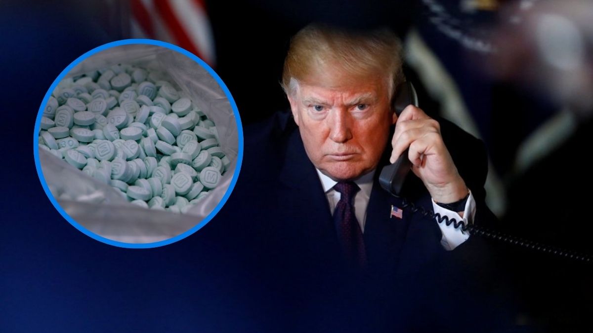 Donald Trump realizando una llamada y una imagen de fentanilo