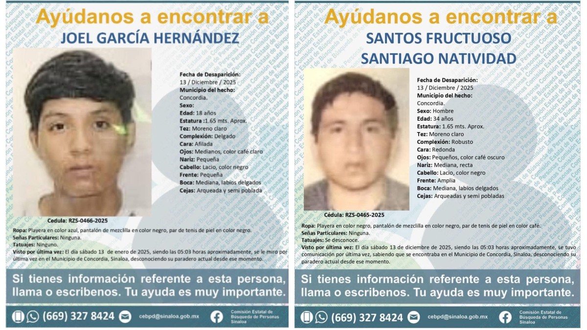 Joel García Hernández y Santos Fructuoso Santiago Natividad, pasajeros que desaparecieron con Oldahir Hervert Sánchez en Sinaloa.