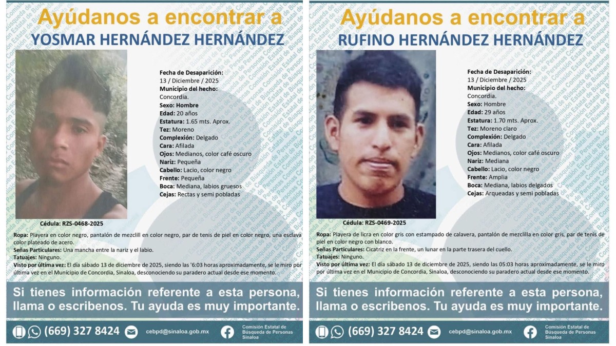 Yosmar Hernández Hernández y Rufino Hernández Hernández, pasajeros que desaparecieron con Oldahir Hervert Sánchez en Sinaloa.