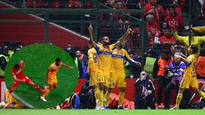 Joaquim Pereira y jugadores de Tigres celebrando el gol de la Final de vuelta ante Toluca en el Nemesio Diez.