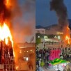 A la izquierda: árbol de Navidad ardiendo en llamas en plaza pública. A la derecha: vista desde otro punto del incendio del árbol de Navidad con gente alrededor