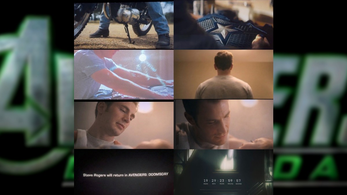 Un collage de ocho escenas de películas de Marvel/Capitán América, incluyendo un acercamiento al escudo del Capitán América y a Steve Rogers (Chris Evans) con t