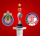 Un gráfico de fondo rojo que muestra los escudos de Chivas y Toluca a la izquierda y derecha, respectivamente, y un trofeo de fútbol en el centro.