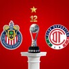 Un gráfico de fondo rojo que muestra los escudos de Chivas y Toluca a la izquierda y derecha, respectivamente, y un trofeo de fútbol en el centro.