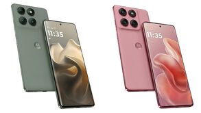 Foto de celulares Motorola Edge 60 Ultra-5G color rosa y verde.