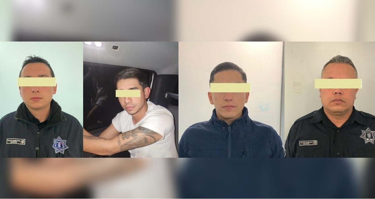 Fotografías de cuatro hombres viendo de frente con los ojos censurados tras ser detenidos por la Policía de Zapopan
