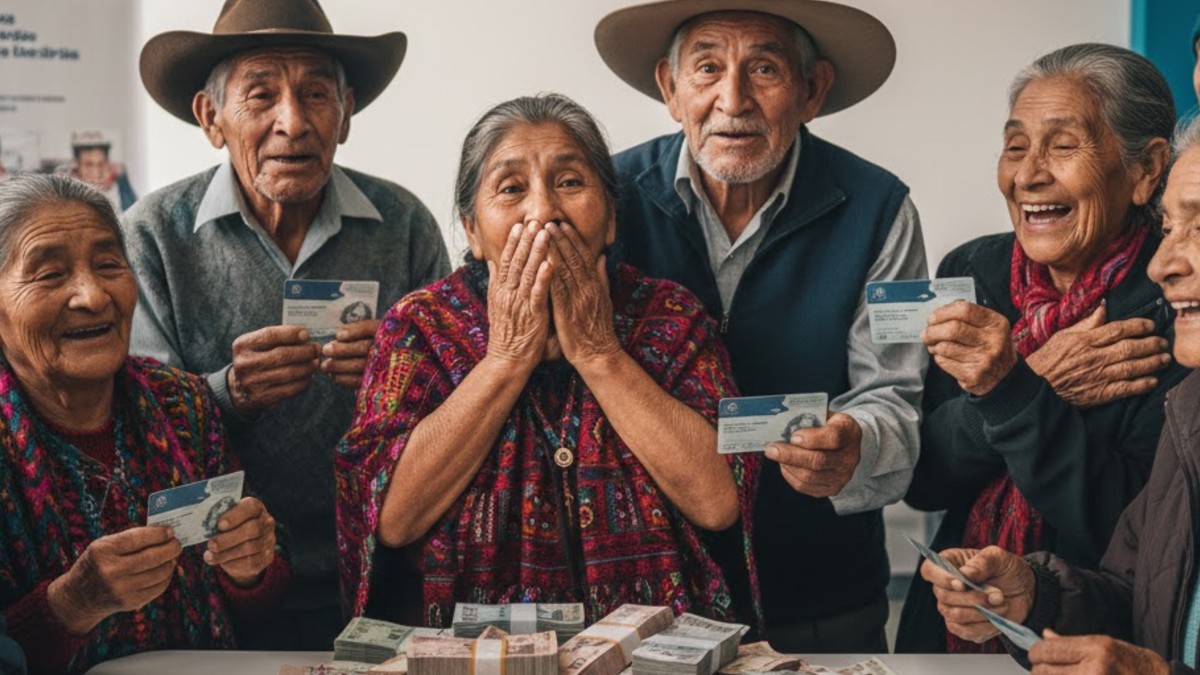 Cinco adultos mayores con cara de sorpresa y varios billetes al lado