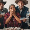 Cinco adultos mayores con cara de sorpresa y varios billetes al lado