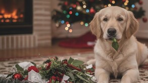 Perro comiendo una planta de decoración navideña