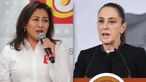 Imagen de dos mujeres sobrepuestas: Nadia Navarro a la izquierda y Claudia Sheinbaum del lado derecho.