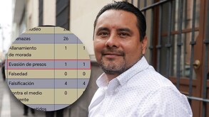 Un hombre vestido de camisa blanca junto con una imagen sobrepuesta de un informe de la Fiscalía de Puebla.