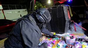 Elemento del Escuadrón Antiexplosivos de Guadalajara asegurando pirotecnia a granel colocada sobre una patrulla de policía y frente a una jaula de perro