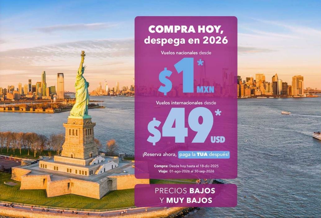 Flyer promocional de Volaris con los detalles de la promoción que ofrece vuelos a un peso con un fondo de la Estatua de la Libertad en Nueva York
