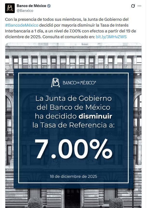 Comunicado sobre que la tasa de interés baja