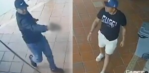 A la izquieda: Hombre apuntando un arma con la mano derecha. A la izquieda: El futbolista Mario Pineida volteando a ver hacia la izquierda al hombre armado