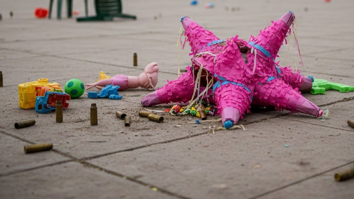 Piñata de forma de estrella juntos a juguetes y varios casquillos de bala