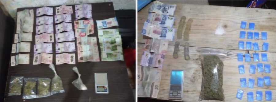 Billetes, monedas y droga confiscadas a un grupo delictivo en Puebla.