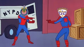 Meme de dos Spider-Man señalándose. Sus rostros están reemplazados por los escudos del Club Deportivo Guadalajara (Chivas) y del equipo DG.