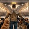 Un hombre de espaldas con grandes alas blancas y una aureola de ángel está rodeado de perros en un refugio frente a un ventanal al atardecer.