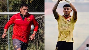 Mario Pineida entrenando con Barcelona de Ecuador y Joao Rojas durante un partido de la liga ecuatoriana.