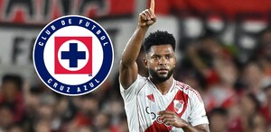 Miguel Borja celebrando un gol jugando con Club Atlético River Plate de Argentina en el Estadio 'Monumental' Antonio Vespucio Liberti.