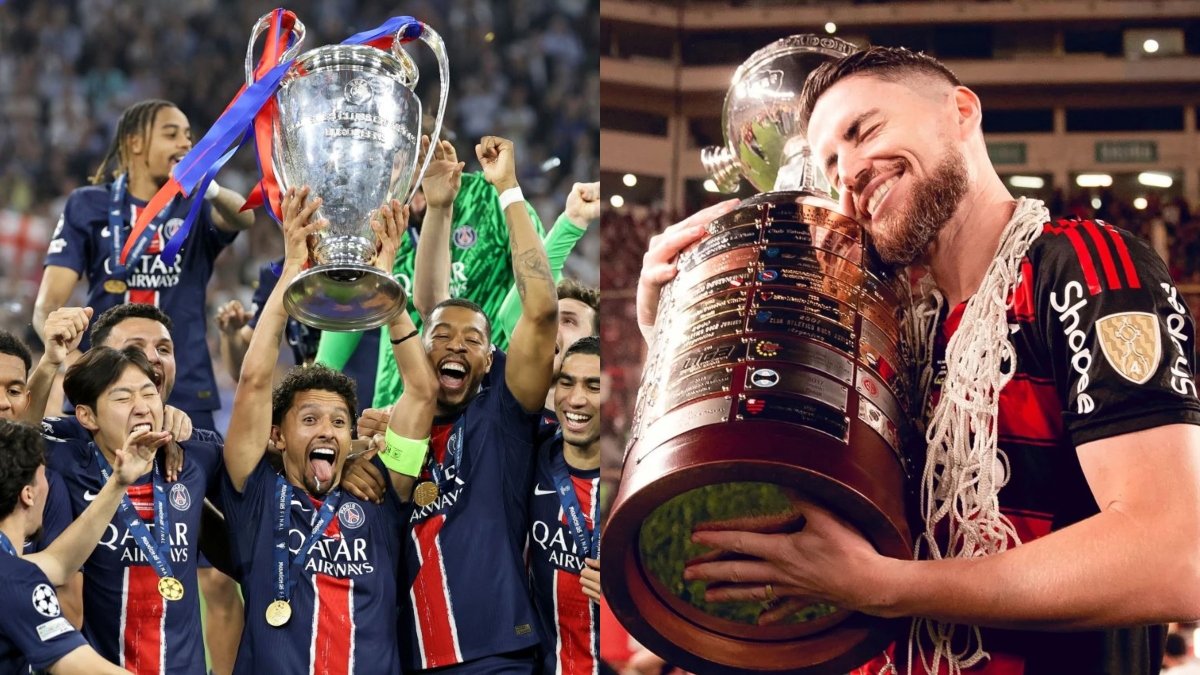 Marquinhos levantando la Champions y Jorginho cargando la Copa Liebrtadores.