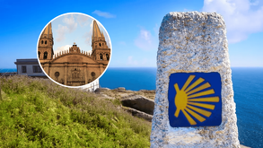Mojón de piedra con el símbolo del Camino de Santiago frente al mar; en un círculo se muestra la fachada de la Catedral de Guadalajara, Jalisco.