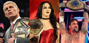 Cody Rhodes, Stephanie Varquer y CM Punk con sus campeonatos mundiales.
