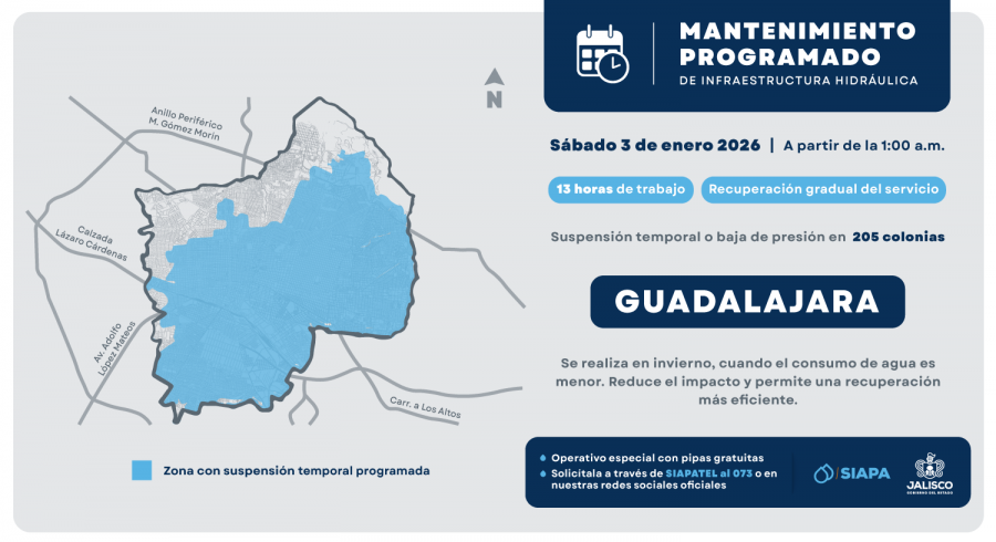 Mapa de colonias afectadas por mega corte de agua en Guadalajara