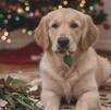 Perro comiendo una planta de decoración navideña