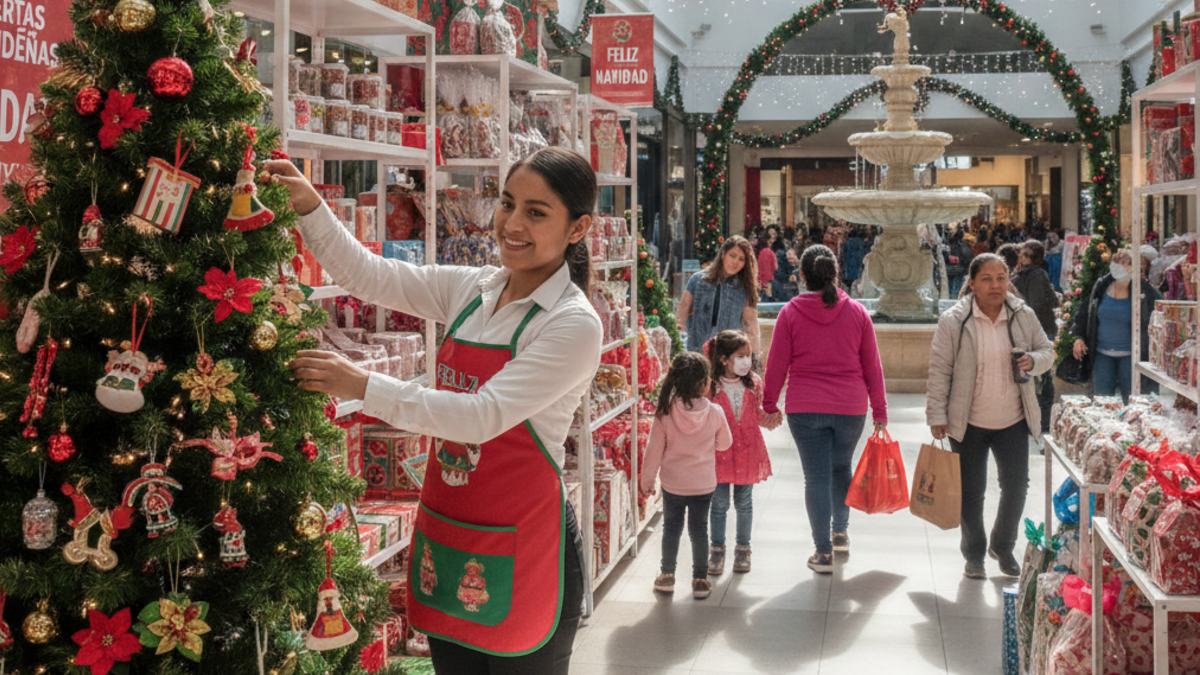 Trabajadora mujer durante una jornada en Navidad en un centro comercial. Imagen generada con Gemini AI