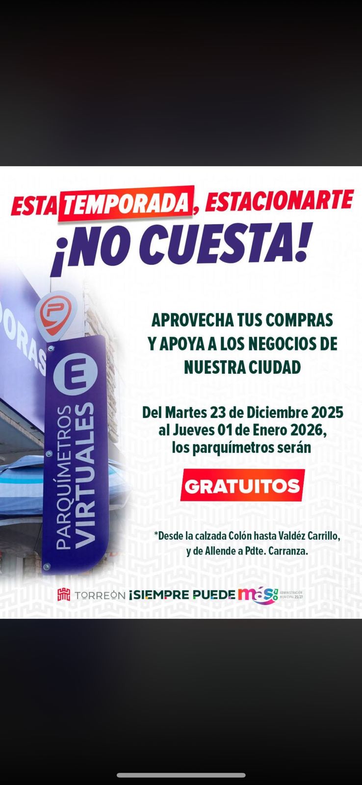 Anuncio de parquímetro de Torreón gratis.
