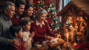 Familia arrullando al niño Dios en Navidad