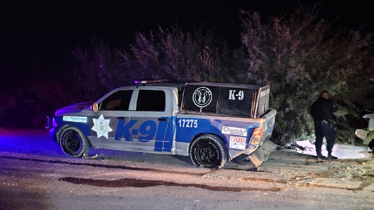 Unidad de la dirección de Seguridad Pública de Matamoros que participó en un accidente en la carretera al Esterito.