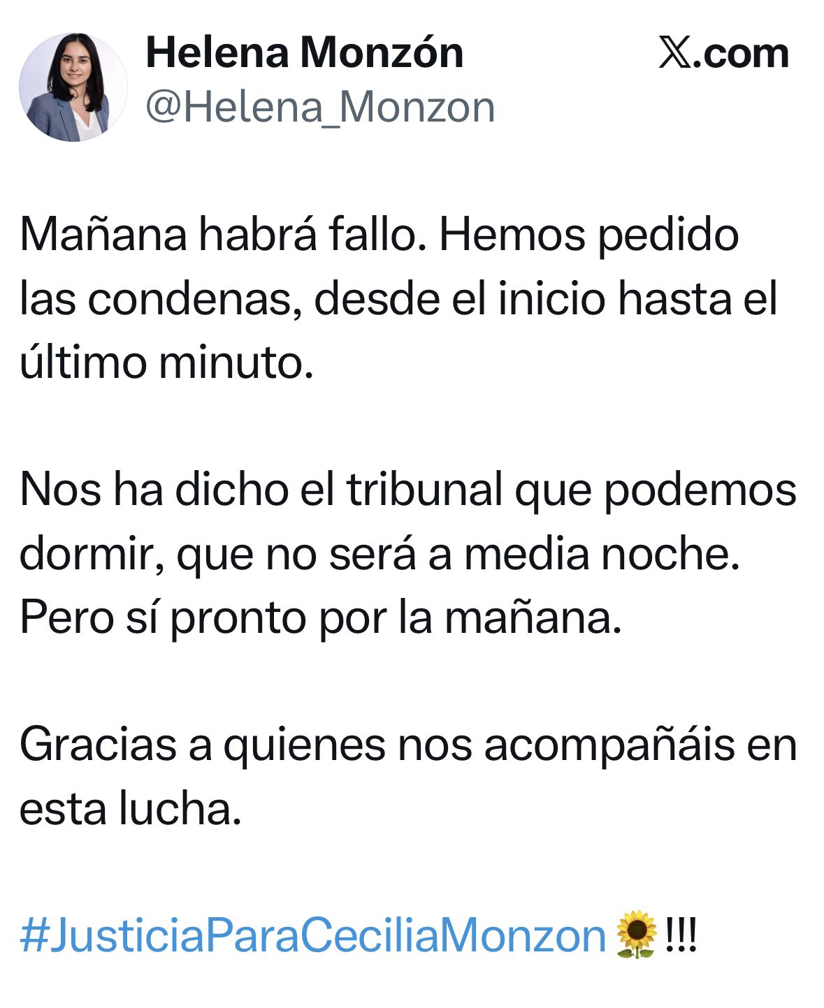 Helena Monzón reveló que este martes, el tribunal deberá dictar una sentencia en contra de Javier López Zavala.
