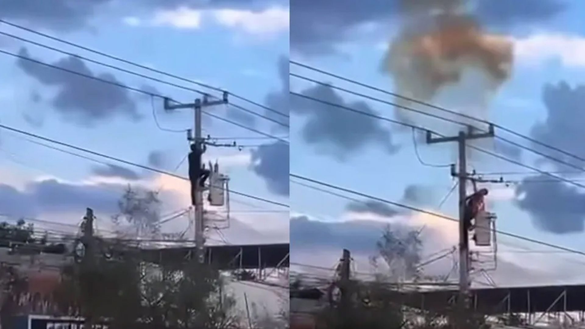 El momento en que el hombre cae del poste de luz tras sufrir una descarga eléctrica ocurrió ante la mirada de varios vecinos.