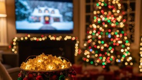 Casa en navidad con palomitas de maiz y de fondo la televisión prendida para ver una pelicula navideña