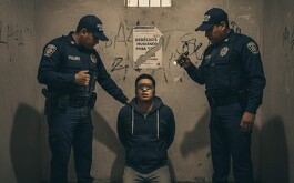 Persona detenida con los ojos vendados y dos policías a los costados