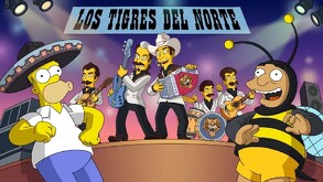 Los Tigres del Norte en caricatura, junto a homero simpson, mientras interpretan uno de sus éxitos musicales.
