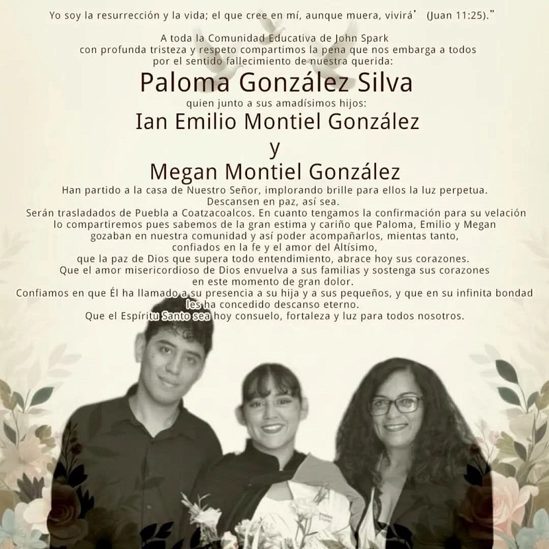 Esquela dedicada a una familia de Veracruz que falleció en Puebla.