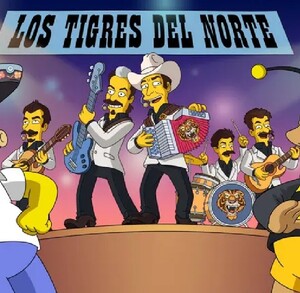 Los Tigres del Norte en caricatura, junto a homero simpson, mientras interpretan uno de sus éxitos musicales.