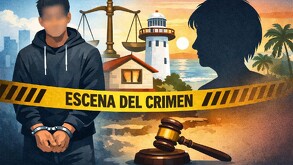 Ilustración estilo editorial de un hombre esposado tras una cinta de 