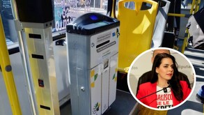 Unidad de cobro delante de un asiento amarillo al interior de un camión en Jalisco. Burbuja con foto de Laura Haro en esquina inferior derecha