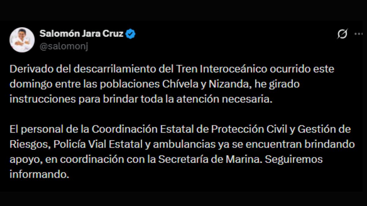 Mensaje Salomón Jara en redes sociales sobre descarrilamiento del tren interocéanico.