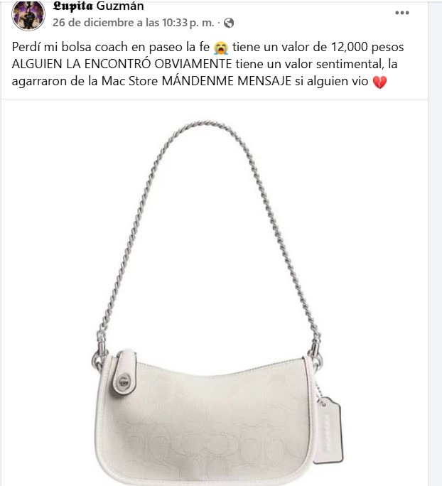 Publicación de Lupita TikTok sobre bolsa perdida.