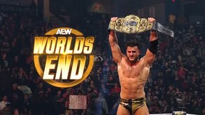 MJF levantando el campeonato mundial de AEW en el evento estelar de Worlds End 2025