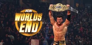 MJF levantando el campeonato mundial de AEW en el evento estelar de Worlds End 2025