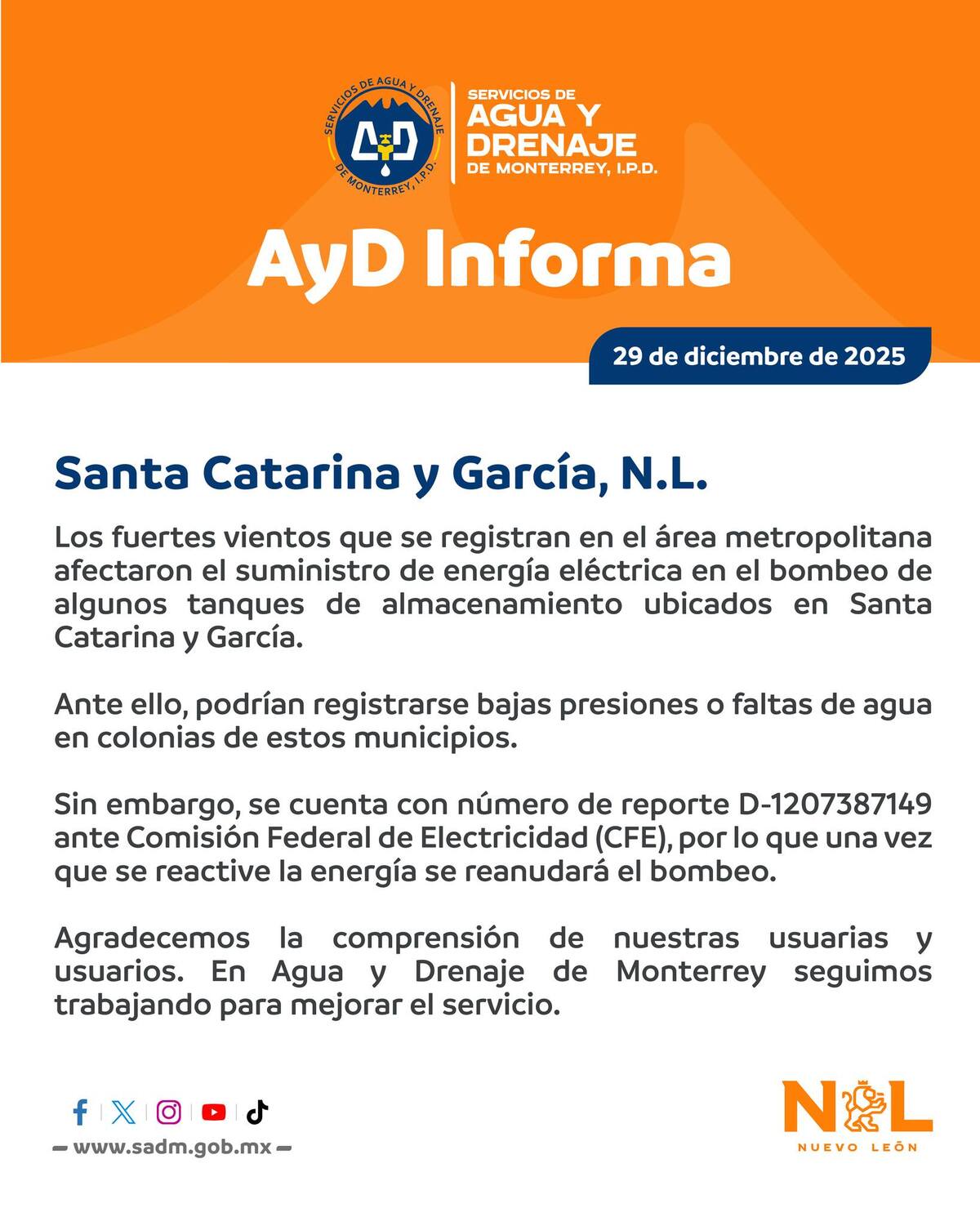 Comunicado de Agua y Drenaje de Monterrey sobre cortes