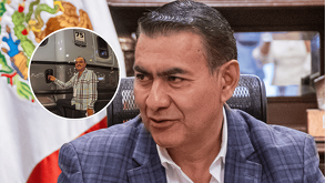 Un hombre con traje azul a cuadros frente a una bandera de México; un círculo superpuesto muestra a un hombre con camisa de rayas junto a un camión.