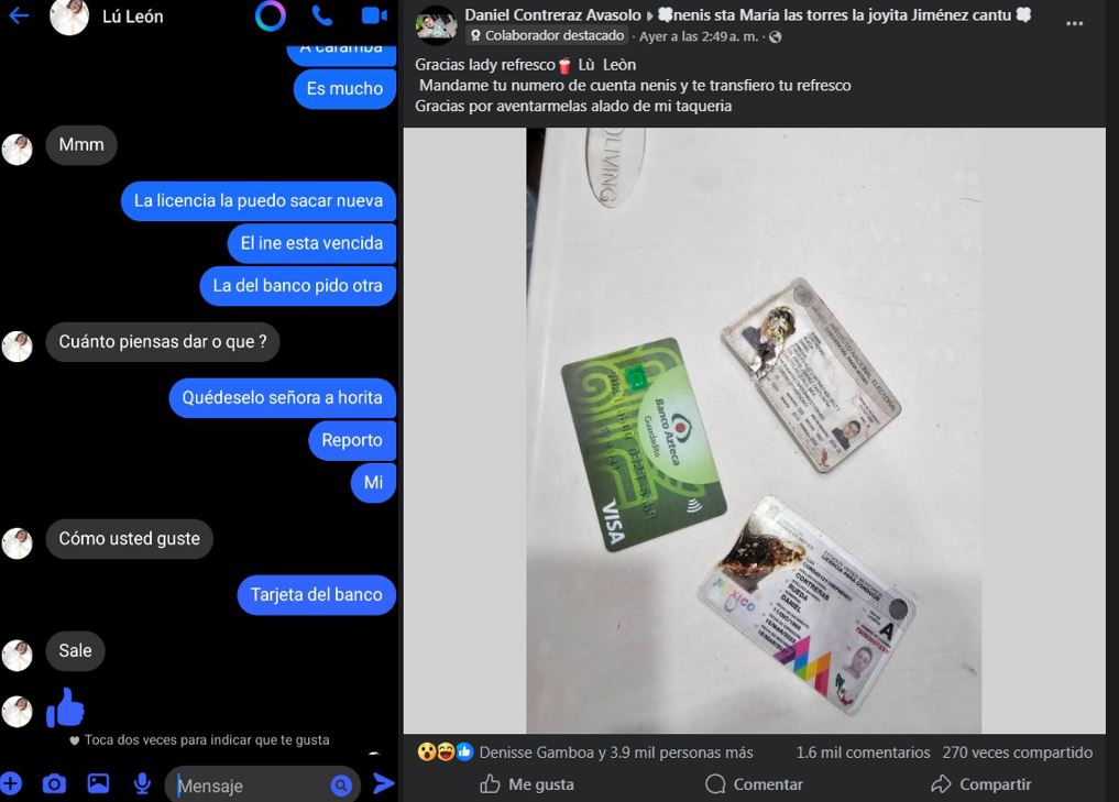 Las credenciales quemadas por la mujer tras no recibir recompensa